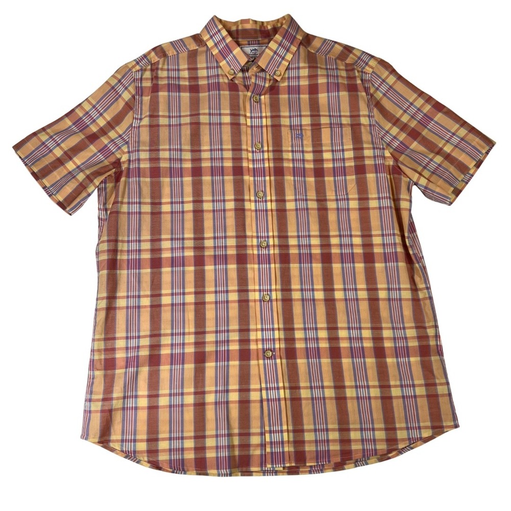 Southern Tide Mens Medium Orange Plaid Short Sleeve Cotton Button Down Shirt